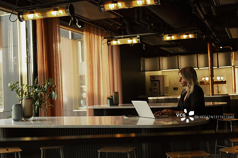 在咖啡馆使用笔记本电脑的女人图片素材