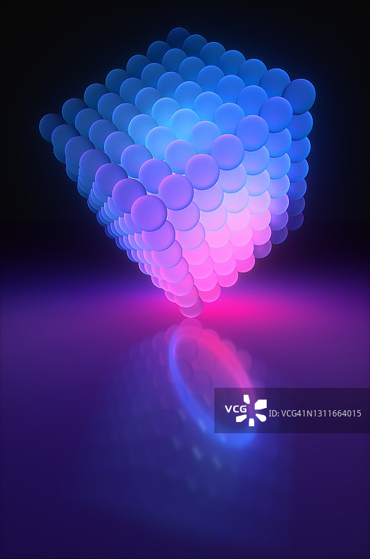 夜晚房间里发出蓝紫色光芒的霓虹玻璃球立方体3D渲染图图片素材