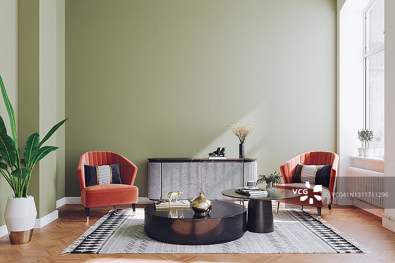 彩色粉笔画风格的现代中世纪客厅室内设计图片素材