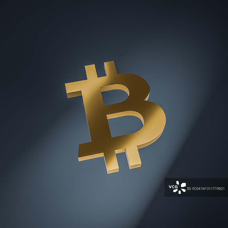 灰色阴影背景上的比特币符号3D金色模型图片素材