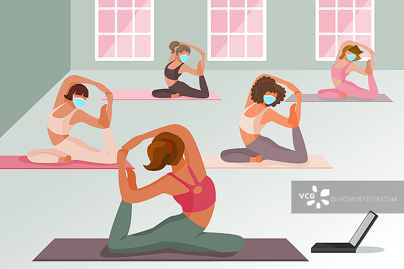 瑜伽课堂概念插画：女教练在线上线下教授瑜伽，学员佩戴口罩保持社交距离图片素材