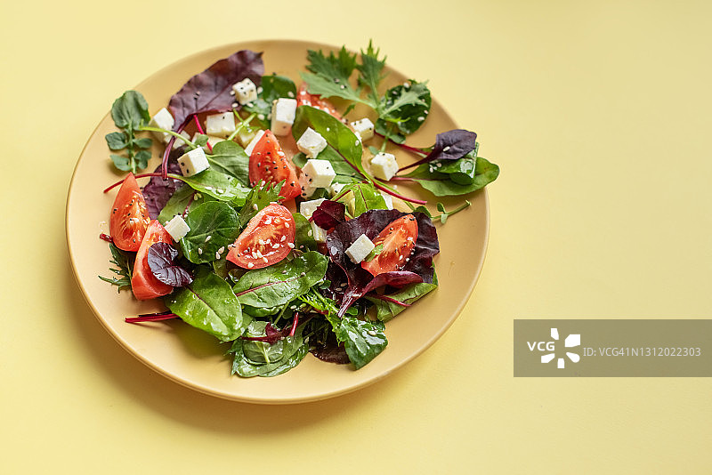 以番茄绿叶为主料，撒上芝麻和葵花籽的新鲜夏季沙拉图片素材