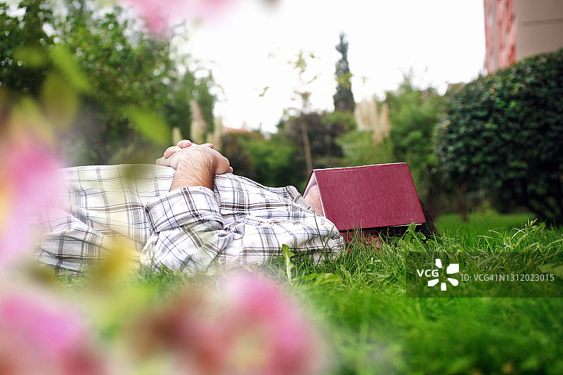 成年男子躺在绿草地上看书的肖像图片素材