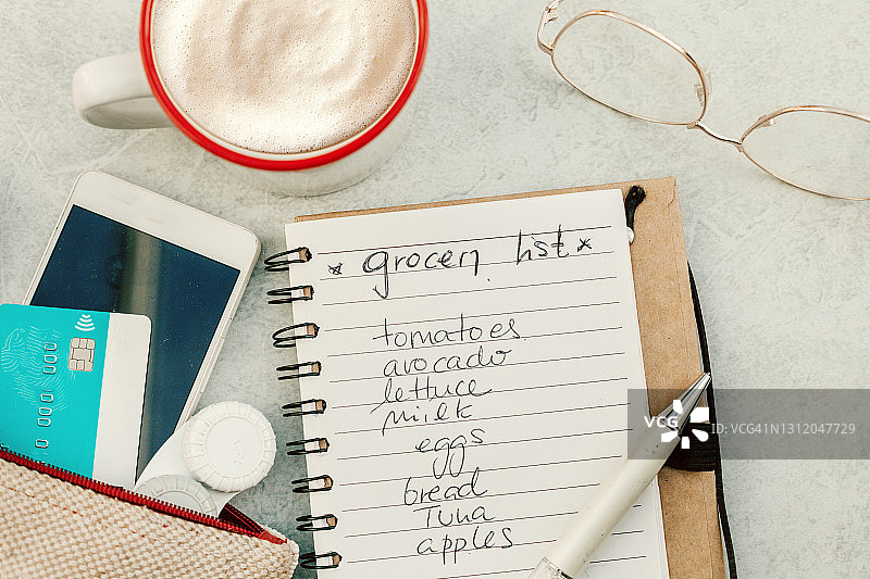 女士手提包、咖啡和购物清单俯视图图片素材