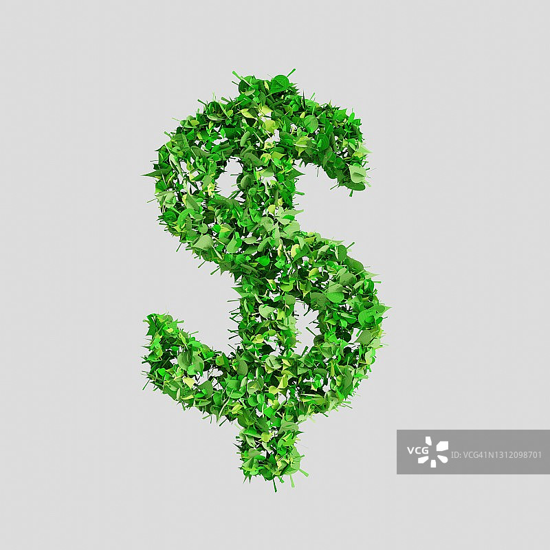 白色背景上用绿叶包裹的美元符号图片素材