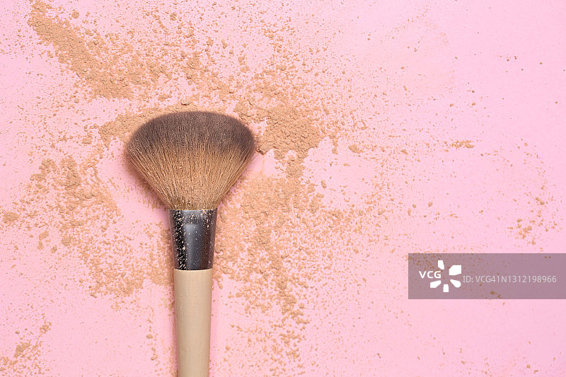 俯视角度：粉色背景上的化妆软刷和碎粉。零浪费理念选择可回收塑料手柄和天然刷毛图片素材