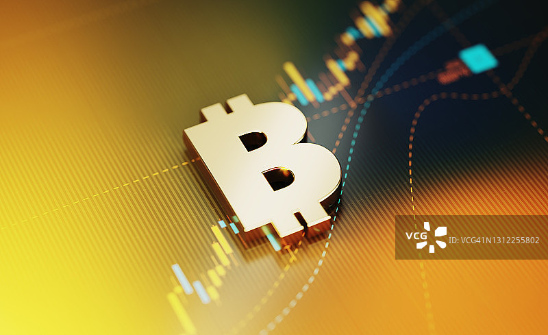 投资和金融概念——位于黄色金融图表背景上的比特币符号图片素材