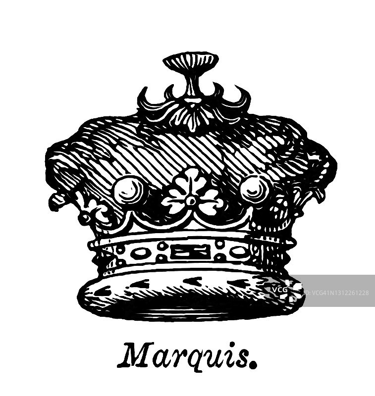 纹章学：皇冠和头盔古董雕刻插图图片素材