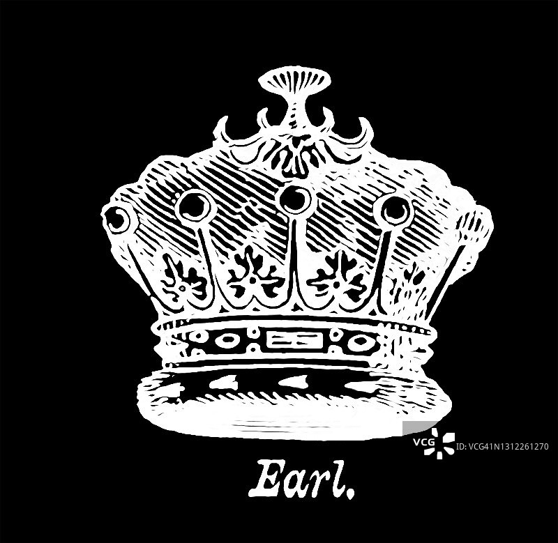 纹章学：皇冠和头饰、主教冠和头盔古老雕刻插图图片素材
