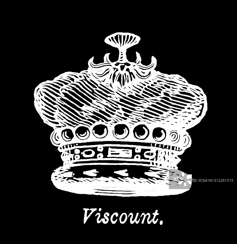 纹章学古董雕刻插图：皇冠、头盔和子爵冠冕图片素材