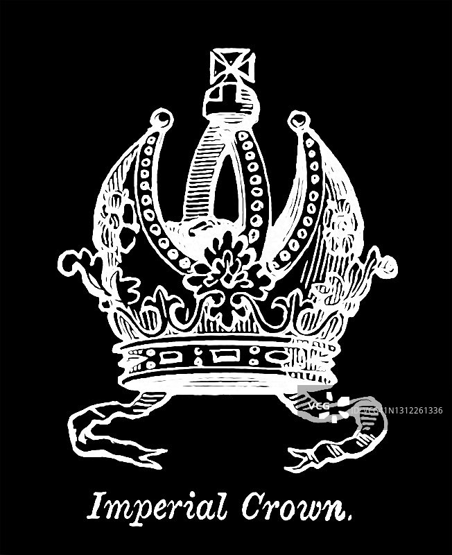 纹章、皇冠和头饰 - 主教冠和头盔、帝国皇冠老式雕刻插图图片素材