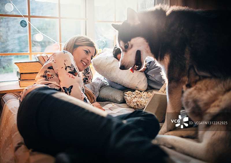 一对年轻夫妇在家与狗共度时光图片素材