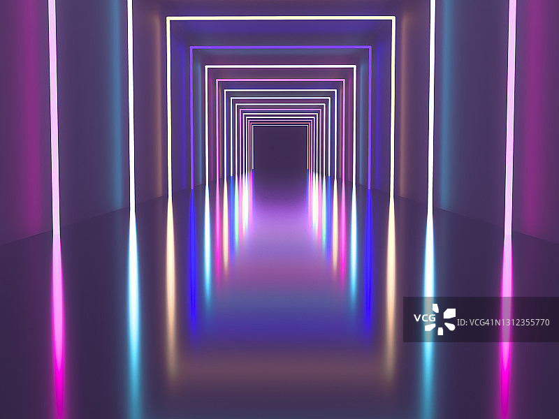 霓虹灯彩色走廊与透视效果数字渲染图片素材