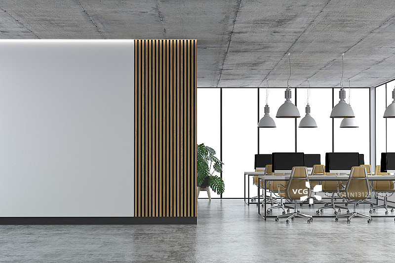 带有复制空间和混凝土地板上工作台的空办公室内部图片素材