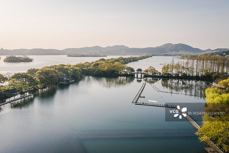杭州西湖的航拍景观图片素材