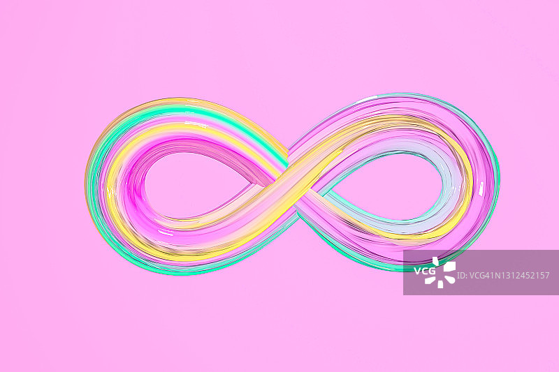 红色背景上带有复制空间的粉色和黄色独角兽无限符号糖果纹理3D对象图片素材