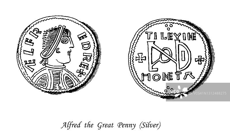 古老钱币学版画插图：阿尔弗雷德大帝银便士图片素材