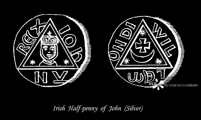 约翰的爱尔兰半便士银币古老雕刻插图图片素材