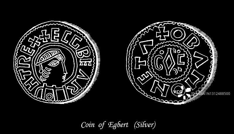 钱币学：威塞克斯埃格伯特盎格鲁-撒克逊银币古董雕刻插图图片素材