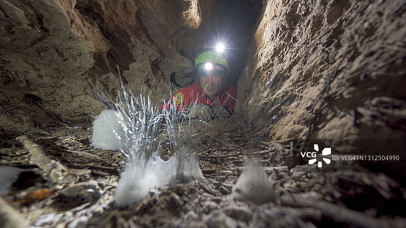 探险者用头灯发现稀有生物图片素材