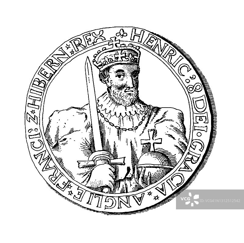 关于钱币学的古老雕刻插图 - 亨利八世的王冠，金币图片素材