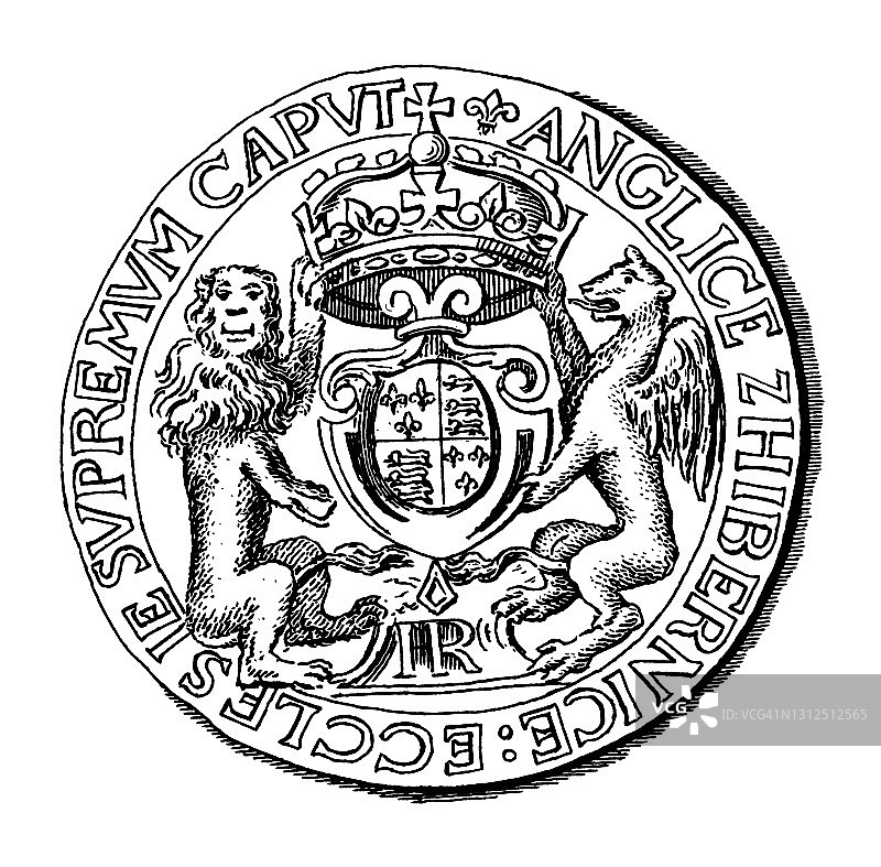 关于钱币学的古老雕刻插图 - 亨利八世的王冠，金币图片素材