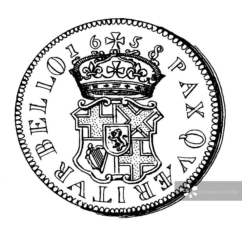 古老雕刻插画：钱币学，1658年克伦威尔英国银先令图片素材