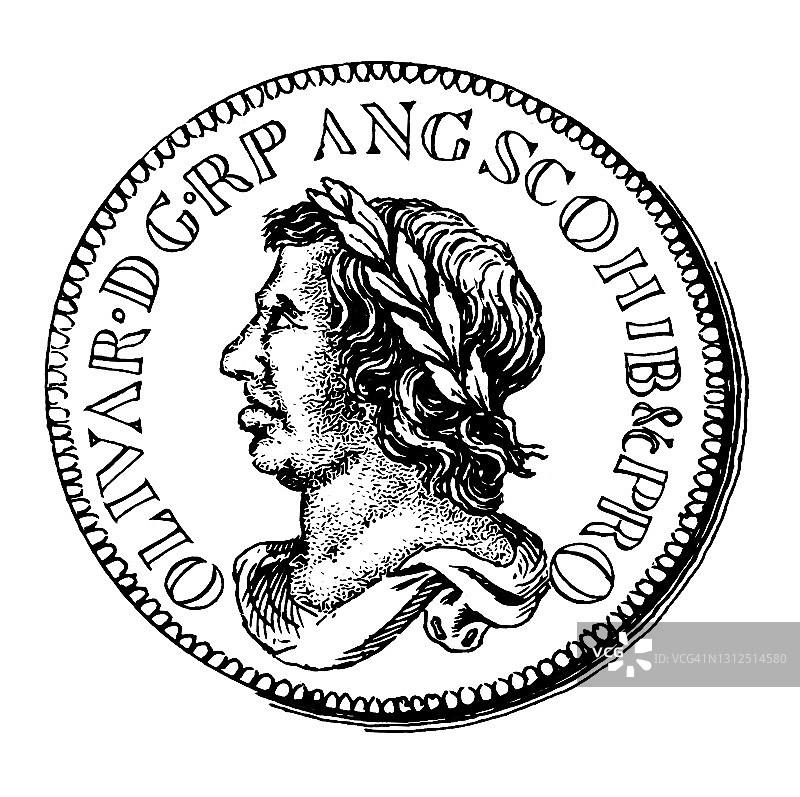 古老雕刻插画：钱币学，1658年克伦威尔英国银先令图片素材
