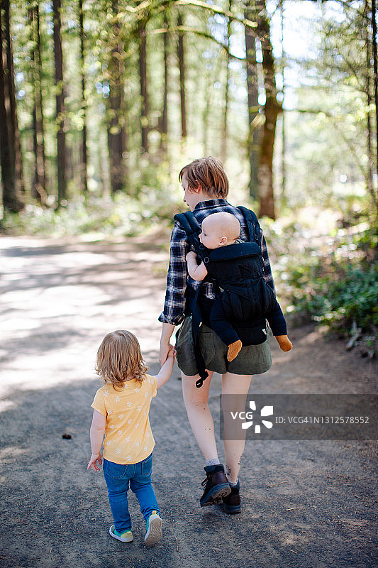 母亲和两个孩子在华盛顿的森林里徒步旅行图片素材