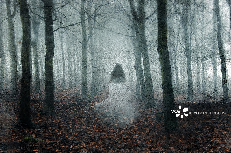 冬季雾林中幽灵般的白衣女子超自然概念图片素材