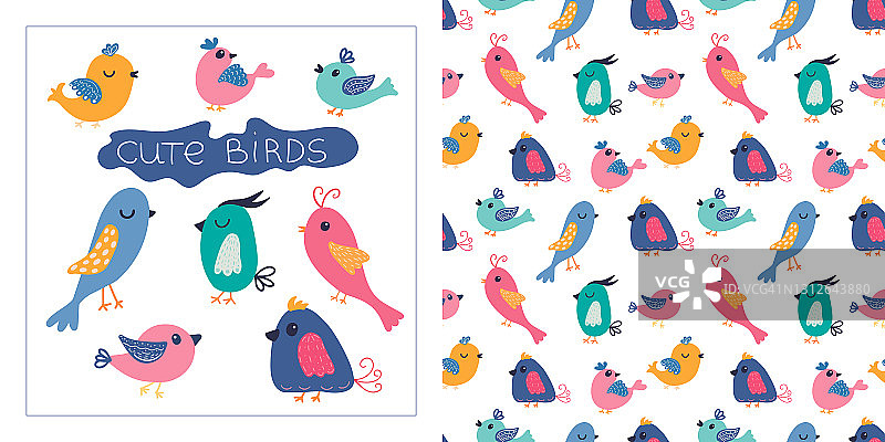 卡通风格的可爱彩色小鸟无缝图案矢量元素图片素材