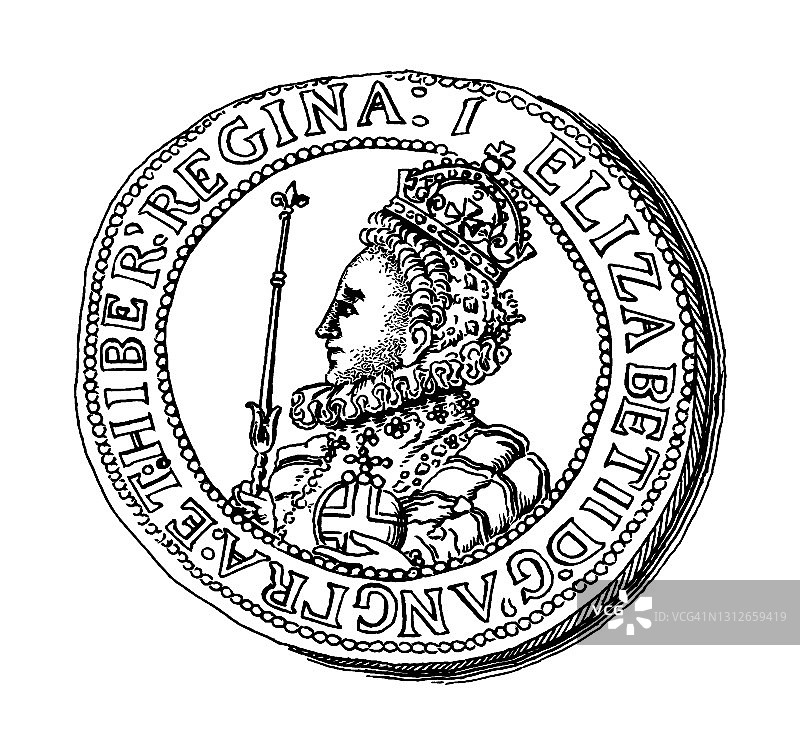 古老雕刻插画：钱币学，伊丽莎白女王银半克朗图片素材