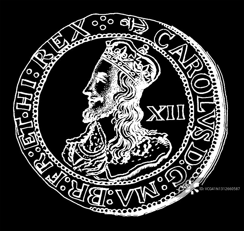 查理一世银先令旧版画插图图片素材