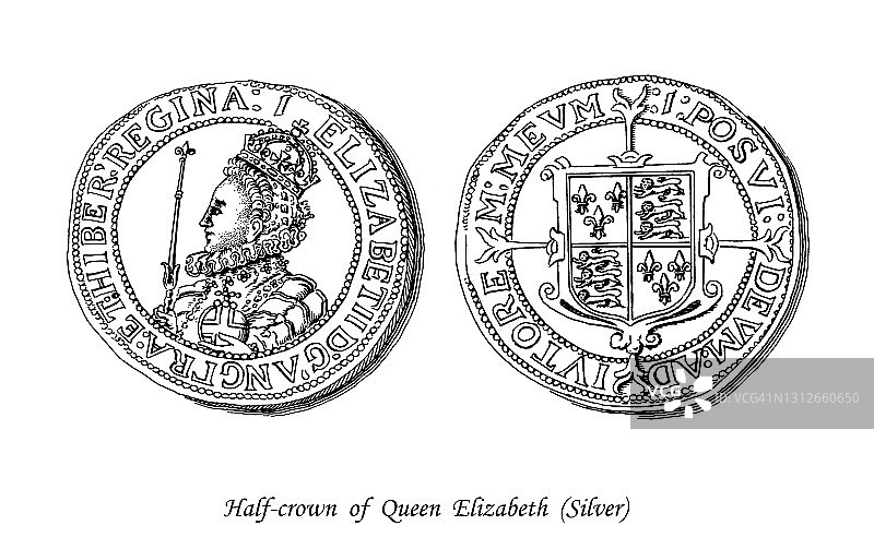 古老雕刻插画：钱币学，伊丽莎白女王银半克朗图片素材