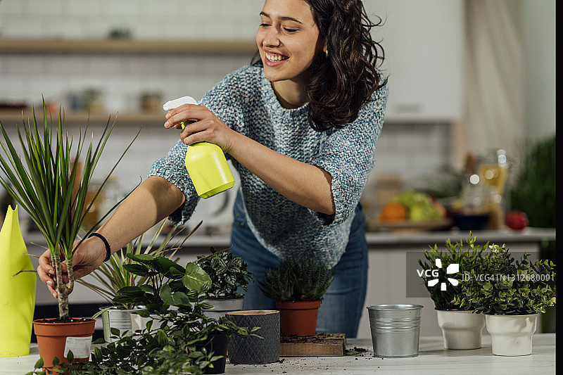年轻漂亮的女人给植物浇水照片图片素材
