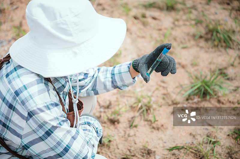 女生物学家在农田里检查雨水图片素材
