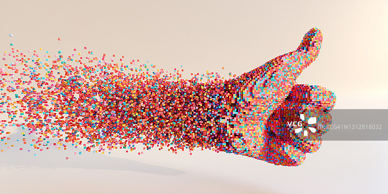 彩色立方体在空间中移动，组合成抽象的点赞标志图片素材