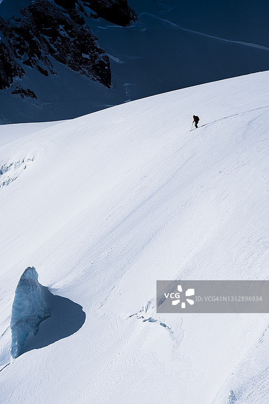 滑雪者在冰川上方滑下斜坡图片素材