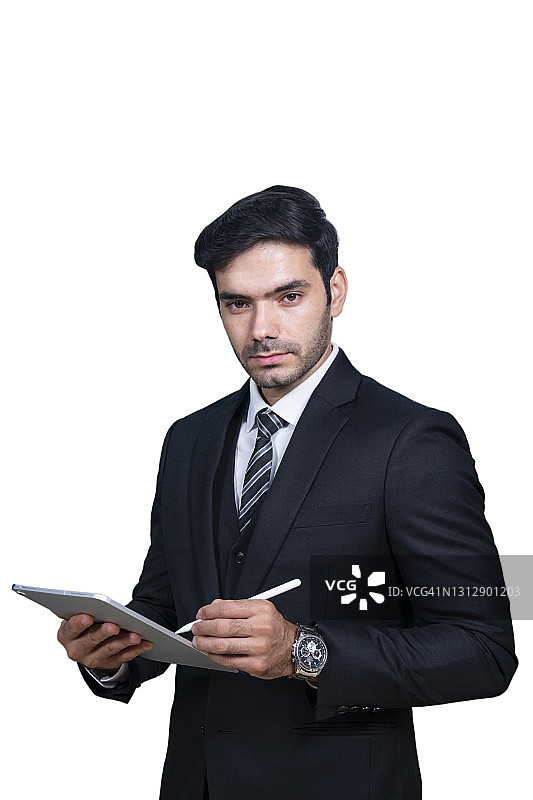 手持平板电脑的商务人士，白色背景图片素材