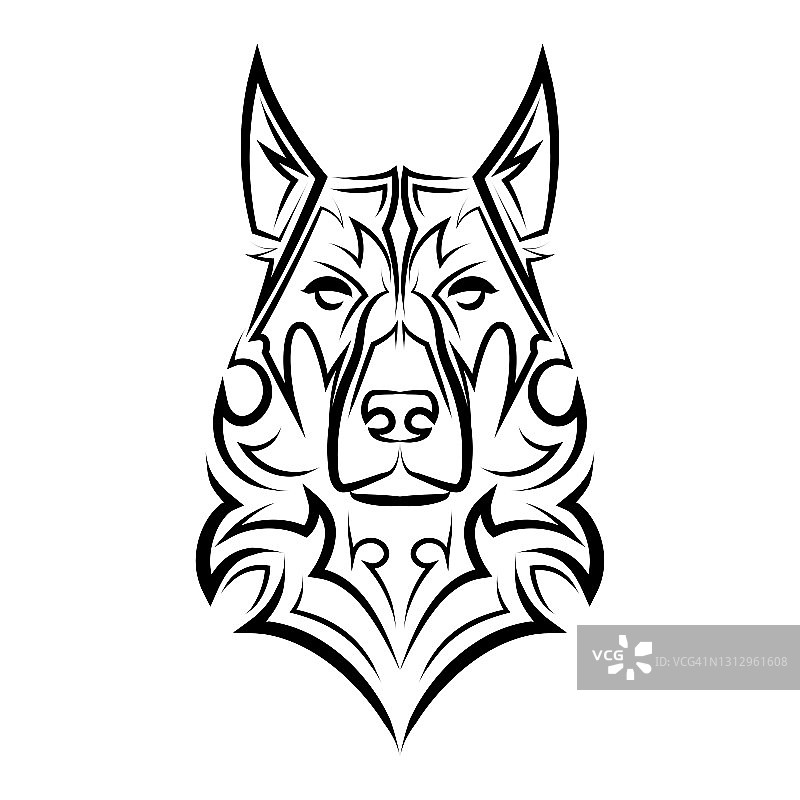 德国牧羊犬头黑白线条艺术：可用作符号、吉祥物、头像、纹身、T恤设计、logo图片素材
