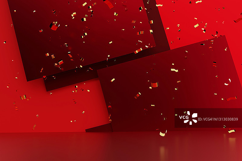 金色纸屑落在红色桌子上，多层红色纸背景。圣诞庆祝概念图片素材