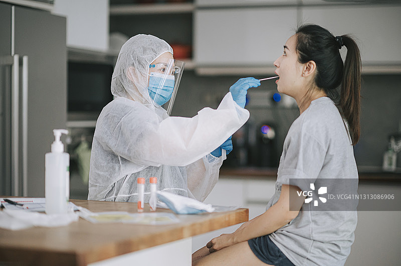 亚裔女医生身穿防护服为患者进行新型冠状病毒拭子检测图片素材