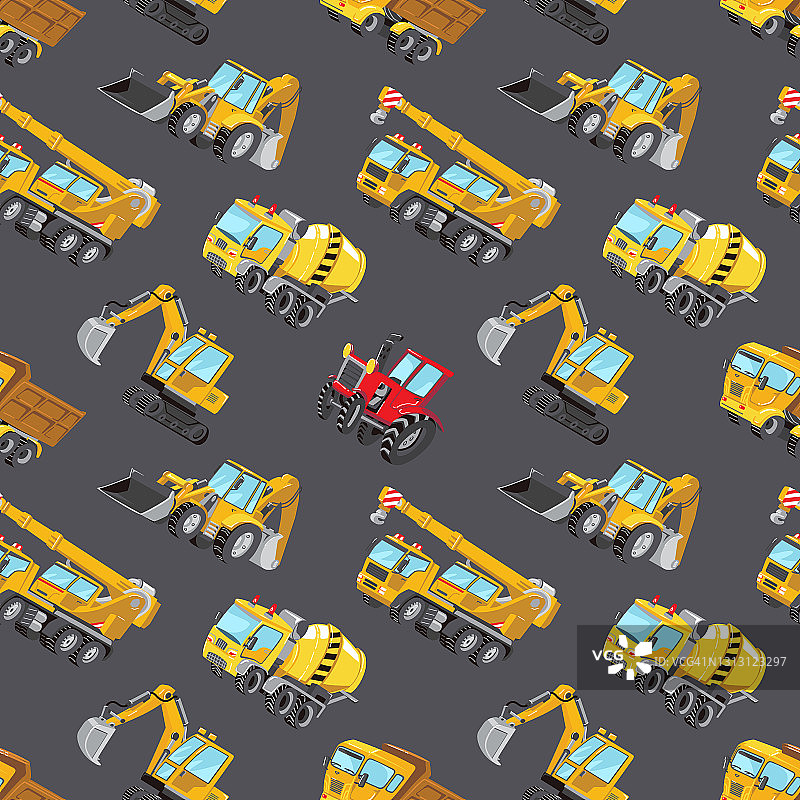 黄色卡车、汽车和道路标志无缝图案图片素材