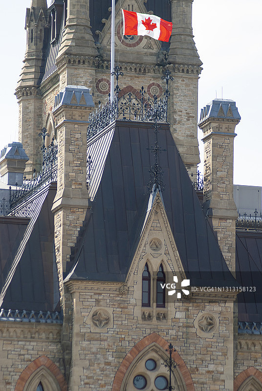 加拿大渥太华安大略省的议会大厦西区与加拿大国旗图片素材