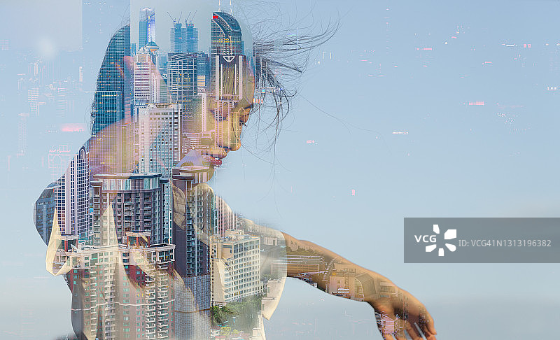 现代城市背景上的商务人士双重曝光图像图片素材