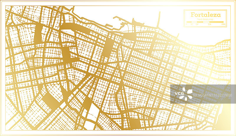 金色复古风格的巴西福塔雷萨城市地图轮廓图图片素材