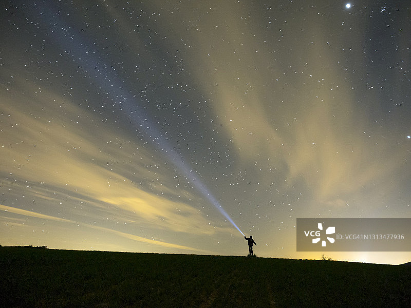夜间，在田野中用手电筒发出信号的男人轮廓图片素材