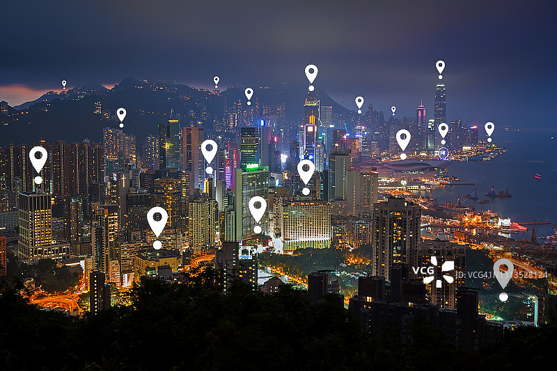 香港夜景中的地图图钉图标图片素材