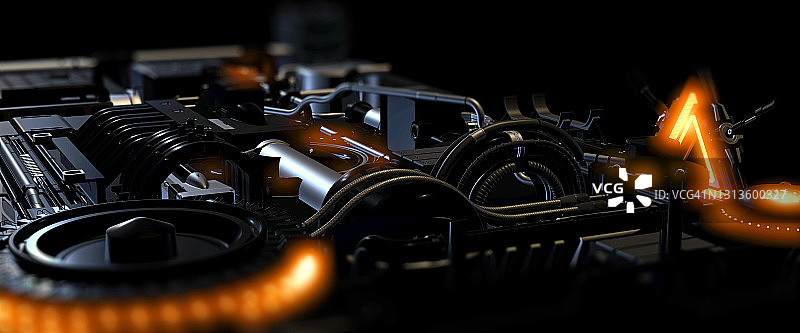 未来主义科幻机器，在黑暗工业环境中点亮发电机，3D渲染图片素材