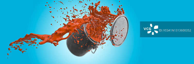 蓝色背景上从锡罐中飞出的橙色油漆3D渲染图片素材